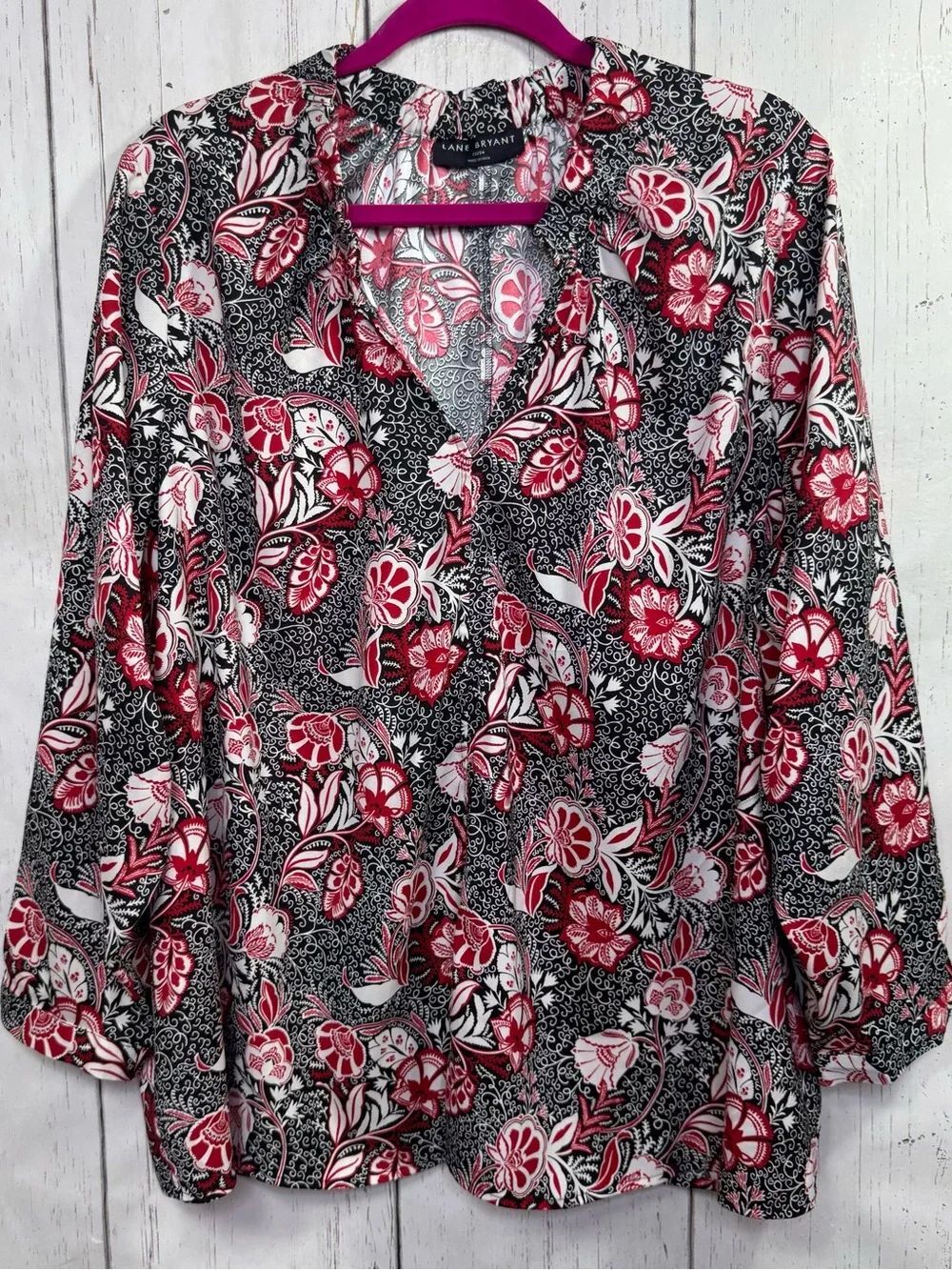 Lane Bryant Floral Blouse Black Red White Size 22/24 Career Office Boho Feminine